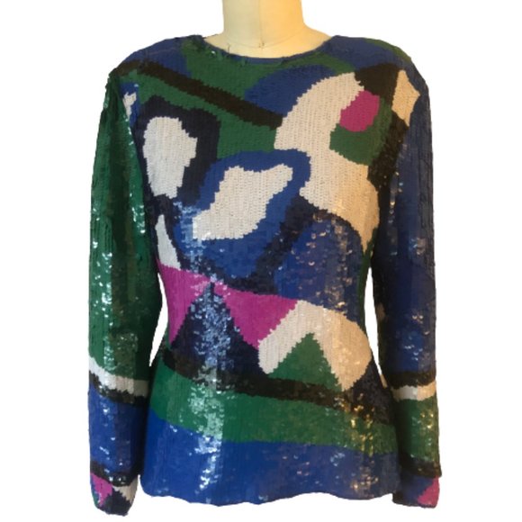 RARE Vintage Modern Abstract Artsy 100% Silk All Over Sequined Top Art to Wear - Picture 1 of 16